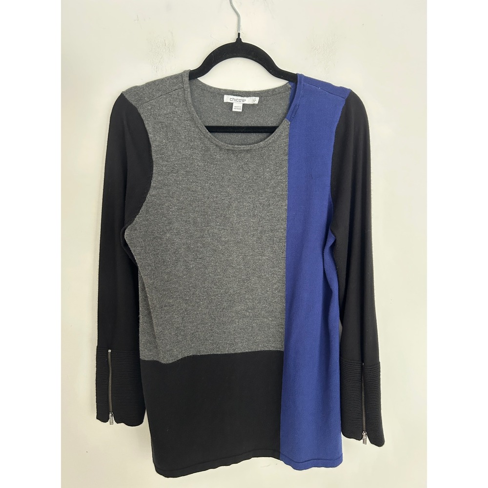 Chicos Colorblock Knit Top Grey Black Blue Zipper Cuffs Size 1 M